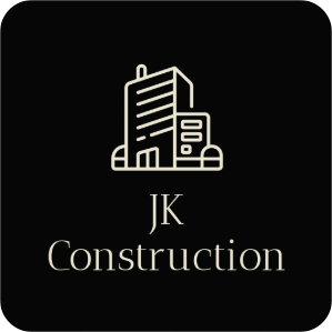 Line drawing of a modern office building above the text JK Construction, black background, professional and reliable tone, logo for J K Enterprises